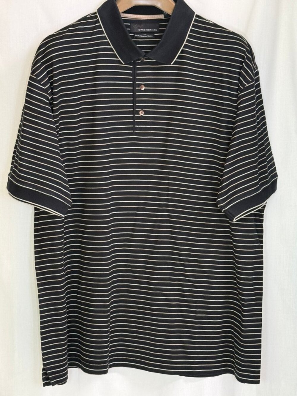 Greg Norman Men's Short Sleeves w/ Collar Striped Polo Shirt-Black/Beige/Tan-XXL